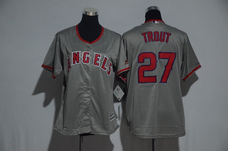 Womens 2017 MLB Los Angeles Angels #27 Trout Grey Jerseys->women mlb jersey->Women Jersey